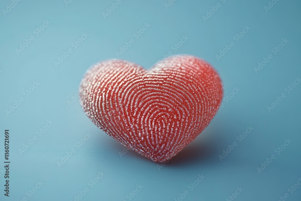 Poster heart-shaped object with intricate fingerprint pattern on a soft blue background