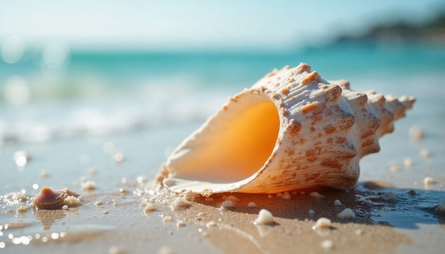 Close-up of a seashell with a serene mood on a sandy beach with turquoise water
