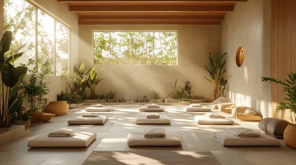 meditation room with floor cushions and pillows arranged in a circle.
