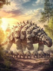 Fototapeta premium A massive, spiked dinosaur-like creature leads smaller ones through a lush, vibrant landscape.