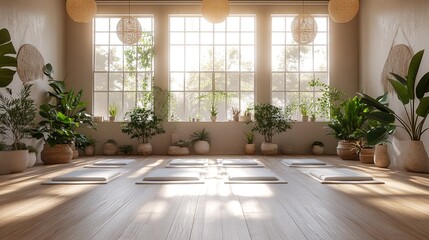 Fototapeta premium sunlight streaming through windows illuminates an empty yoga studio with white mats and numerous potted plants.