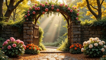 A winding stone path leads to a rustic stone wall, punctuated by a beautifully weathered wooden door and topped with an ornate stone arch adorned with vibrant pink roses