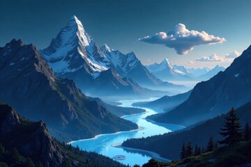 Serene Vista of a Winding River Through Majestic Snow-Capped Mountains Under a Single Cloud