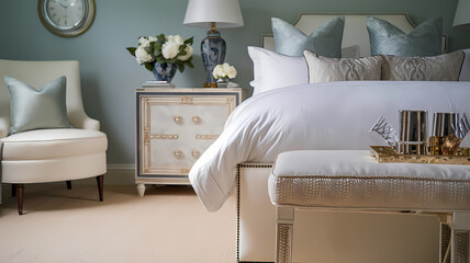 Bedroom Interior with White Upholstered Bed, Armchair, and Nightstand