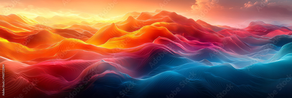 Poster wavy multicolored patterns forming a surreal landscape,