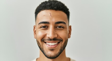 Naklejka premium Confident young adult hispanic male with curly hair and scar smiling on white background