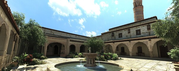 Fototapeta premium A serene courtyard featuring a fountain, lush greenery, and an ornate architectural style.