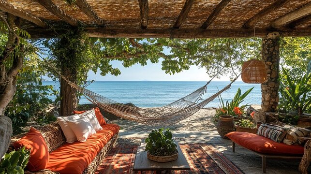A cozy outdoor seating area with a hammock overlooking the ocean.