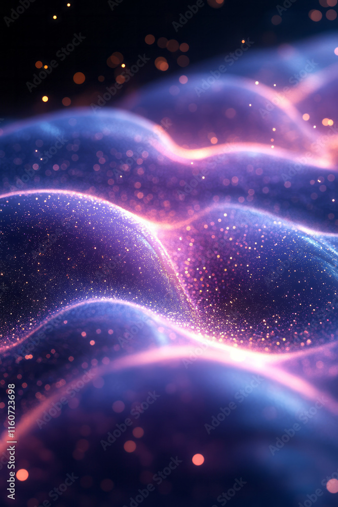 Poster smooth abstract waves illuminated by pulsating purple light,