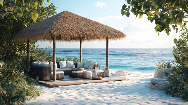 A serene beachside setting featuring a thatched roof gazebo with a plush sectional sofa and an ottoman under it.