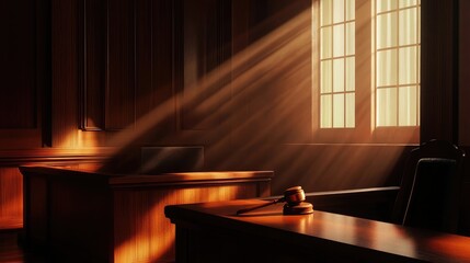 Empty courtroom featuring a judge's bench and gavel with dramatic lighting
