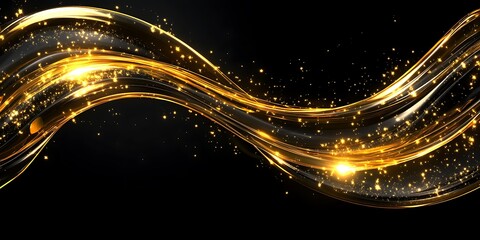 Fototapeta premium Abstract golden wave with sparkles on black background.