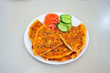 Kiymali pide. Turkish pide with minced meat. Turkish pizza mince pita Pide on white background. Etli ekmek. Kusbasi kasarli, kiymali kasarli, kiymali yumurtali, Bafra, Trabzon, Kusbasili pide.