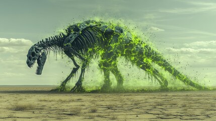 Fototapeta premium A glowing dinosaur skeleton emerges from a dry, cracked landscape, blending science and fantasy.