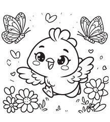 Coloring book cute chick play with butterfly