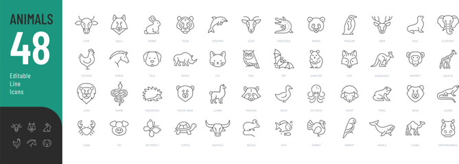 Obraz premium Animals line Editable Icons set. Vector illustration in modern thin line style of fauna related icons: farm, domestic, wild animals, and more. Pictograms and infographics.
