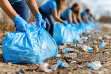 Volunteers collecting trash with blue bags during a community cleanup