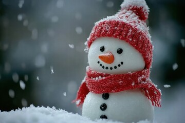 Snowman with red scarf and hat in snowy winter setting