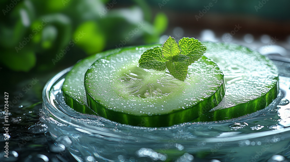 Poster a chilled cucumber slice resting on a clear glass surface,