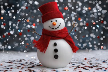 Festive cartoon snowman with red scarf and hat surrounded by falling confetti