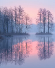 A cool mist rising over a tranquil lake at dawn,