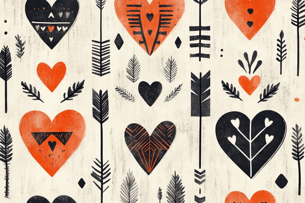 Poster colorful heart patterns with arrows on a light textured background suitable for festive decorations 