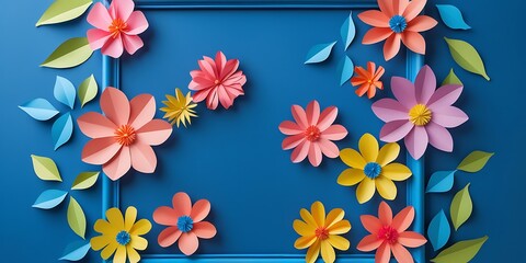 Abstract background with white frame, holographic elements, bold and vibrant colors, paper-cut floral designs. Greeting cards, seasonal invitations, flyers, banners with customizable text.