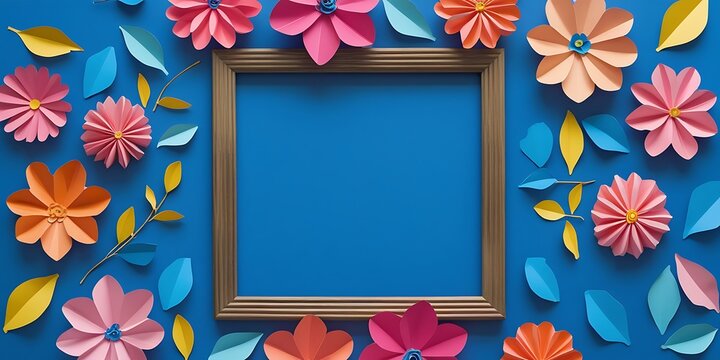 Abstract background with white frame, holographic elements, bold and vibrant colors, paper-cut floral designs. Greeting cards, seasonal invitations, flyers, banners with customizable text.