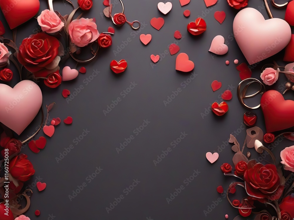Poster valentine's day background with hearts and roses and empty copy space for text on dark background.