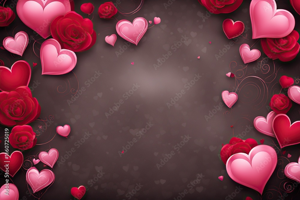 Poster valentine's day background with hearts and flowers and empty copy space for text on dark brown backg