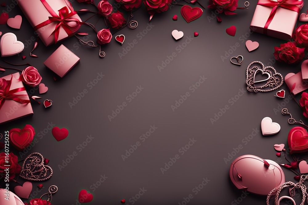 Poster valentine's day background with hearts and gift boxes and empty copy space for text on dark brown ba