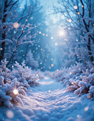 Magical Winter Forest Path with Ethereal Light in Cool Tones with Copy Space