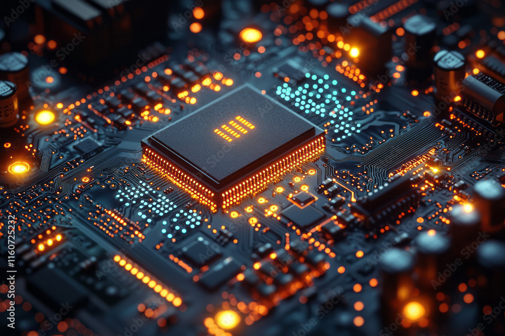 Poster A glowing computer chip embedded in a circuit board,