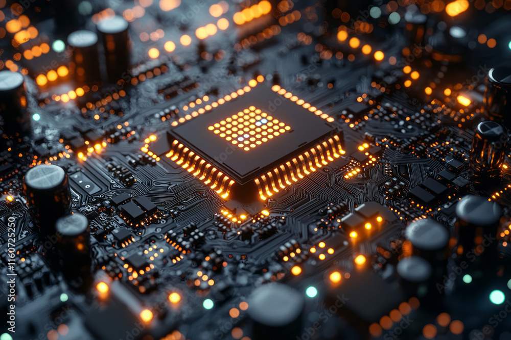 Poster A glowing computer chip embedded in a circuit board,
