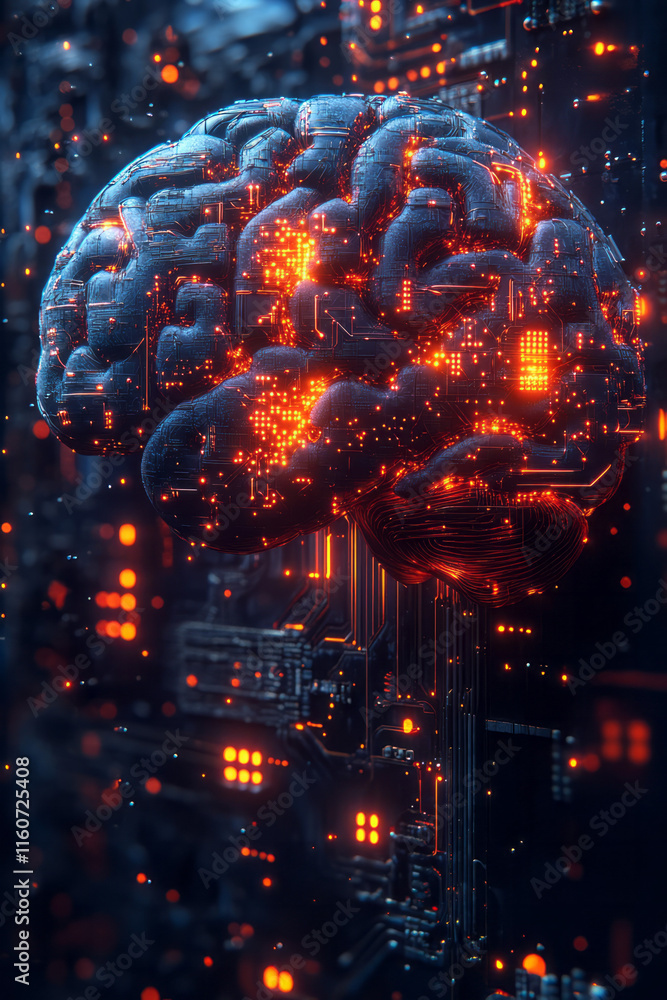 Aufkleber a conceptual image of a human brain connected to digital circuits,