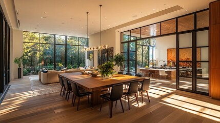 A Modern, Open-Plan Home with Floor-to-Ceiling Windows and Sleek Wood Accents.