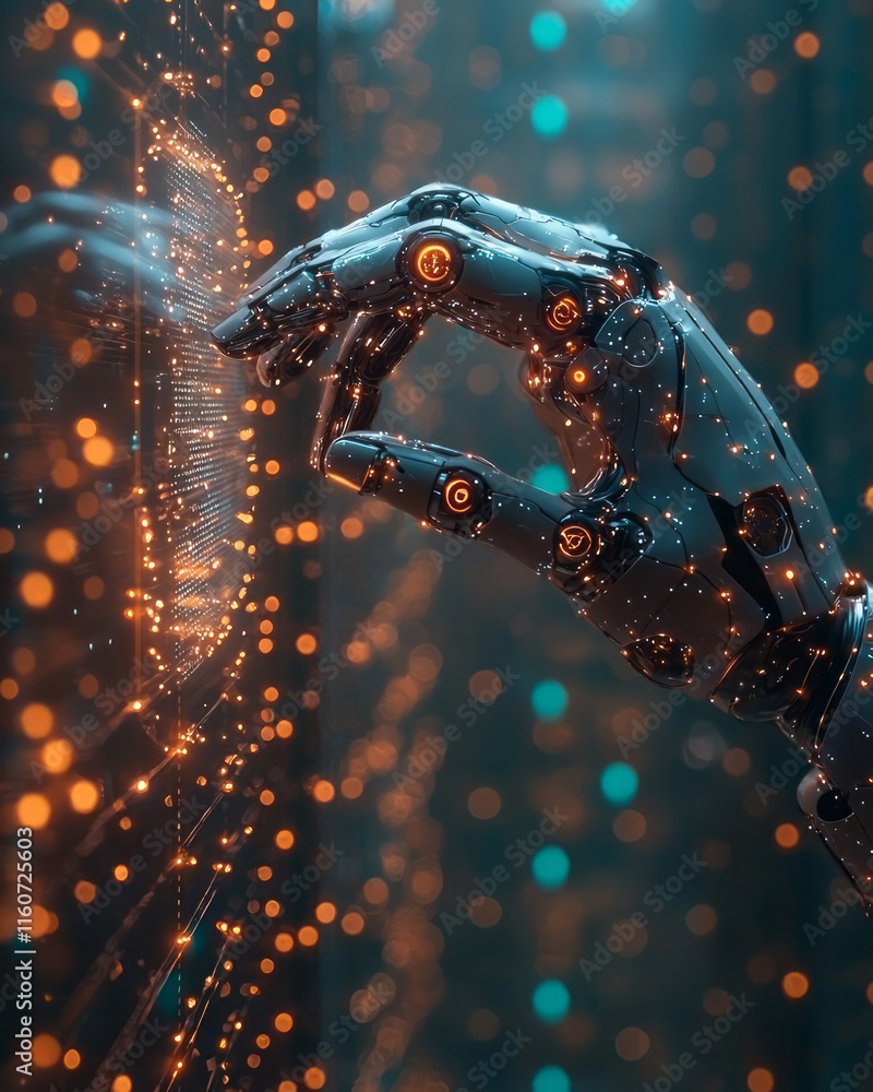 Poster a robotic hand interacting with a holographic user interface,