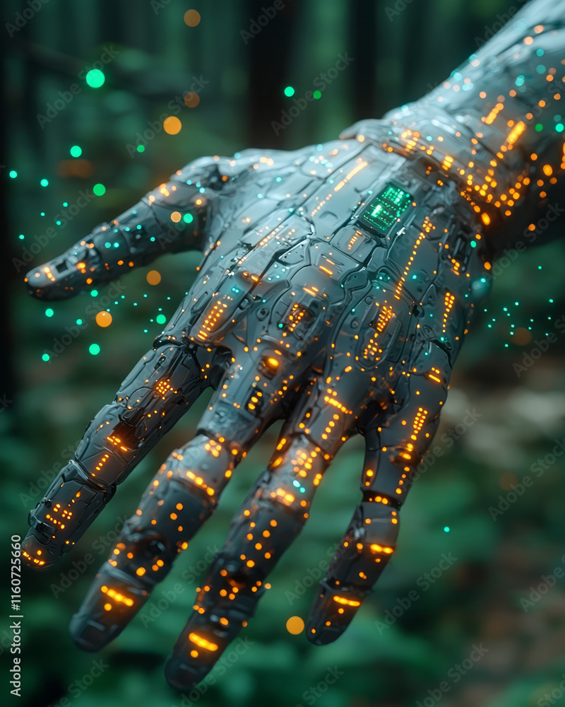 Poster a robotic hand interacting with a holographic user interface,
