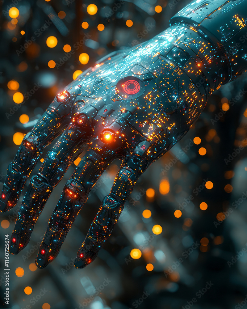 Poster a robotic hand interacting with a holographic user interface,
