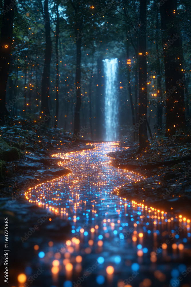 Poster an abstract representation of binary code cascading like a waterfall,