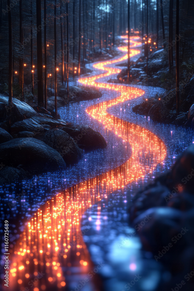 Poster an abstract representation of binary code cascading like a waterfall,
