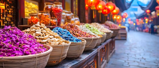 A variety of spices and nuts are displayed in baskets