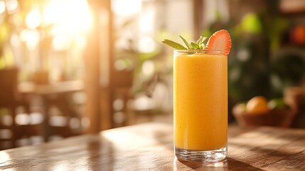 A freshly blended mango smoothie with mint garnish and strawberry slice.