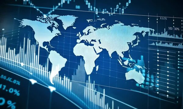 Global financial market data visualization with world map and charts.