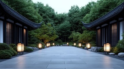 Serene pathway in a tranquil garden setting with lanterns.