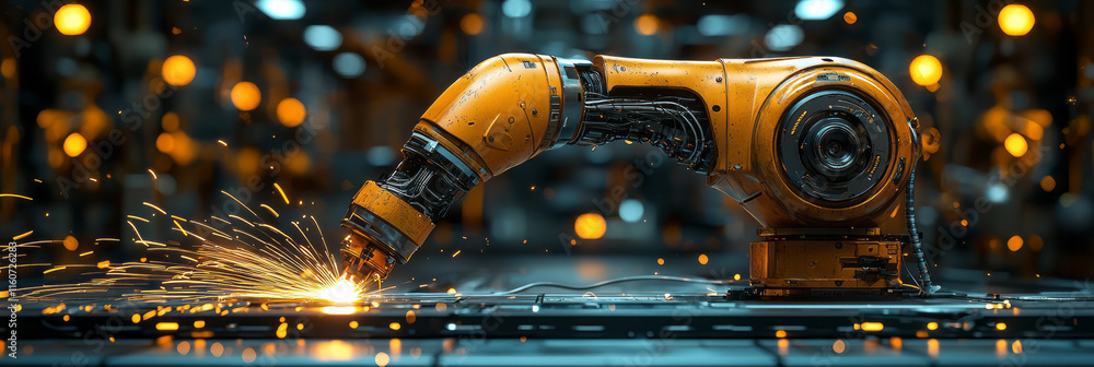 Poster a robotic arm assembling a car in an advanced factory,