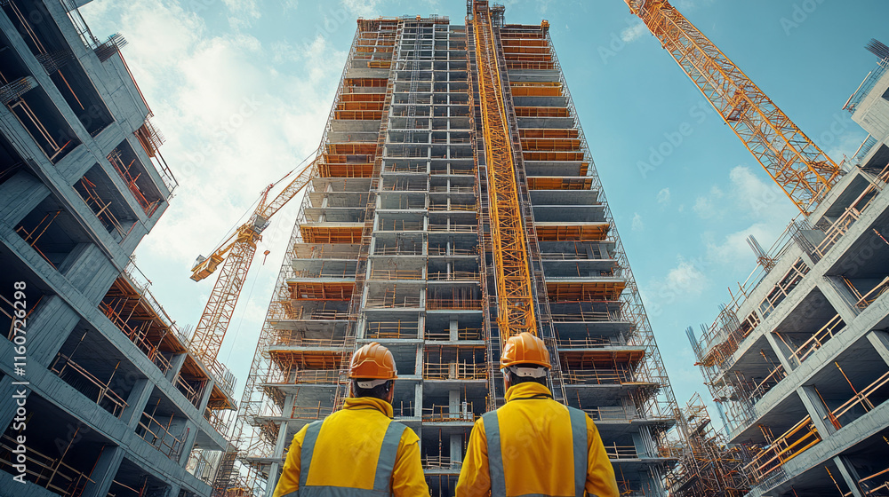 Poster a towering skyscraper framework surrounded by cranes,