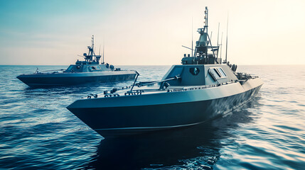 Naval patrol boats cruising through the open sea, maintaining security and vigilance in international waters, symbolizing maritime defense and global cooperation.