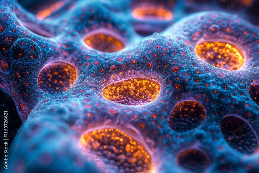 Poster a detailed close-up of a cell structure under a microscope,
