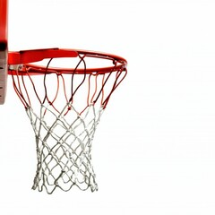 A close-up of a basketball hoop featuring a red rim and white net, set against a plain background, emphasizing the sport's equipment.